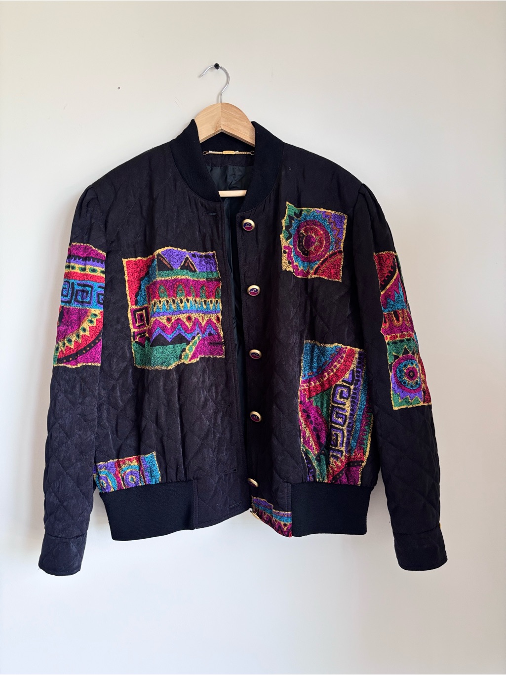 Vintage Basler Quilted Silk Patchwork Abstract Geometric Bomber Jacket Size M